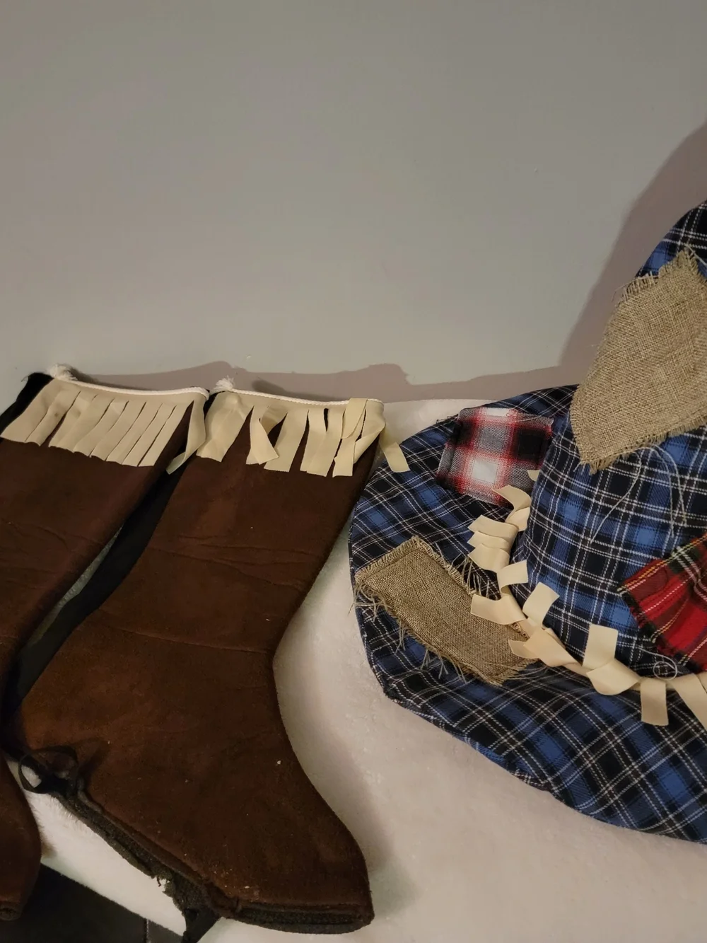 Girls Scarecrow Costume with Patchwork Skirt and Hat.
